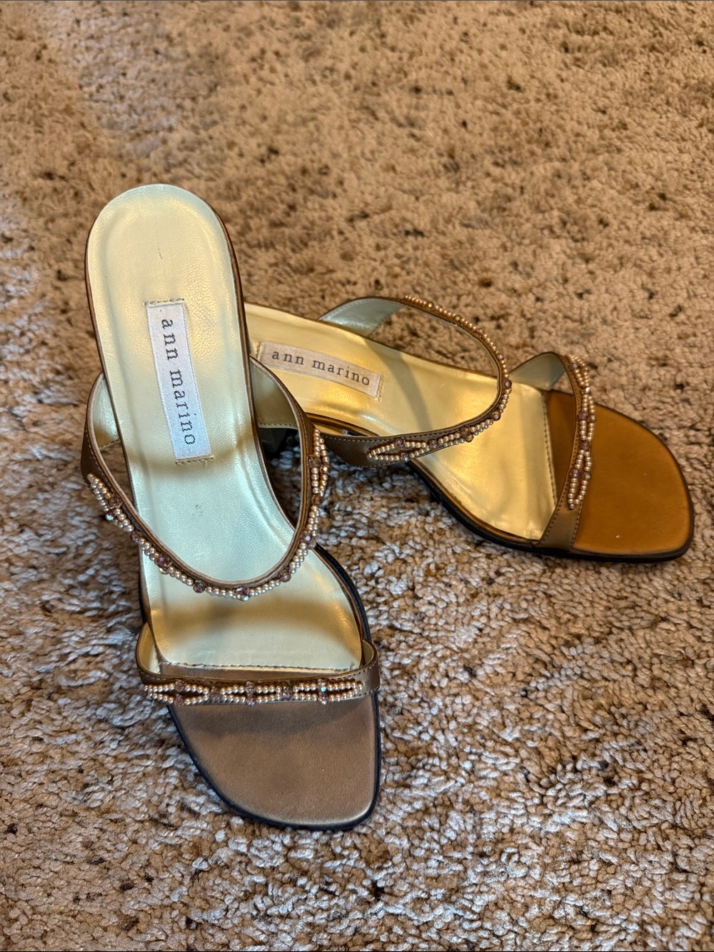 Ann Marino Metallic Gold Beaded Strappy Slide Heels. Size 7M